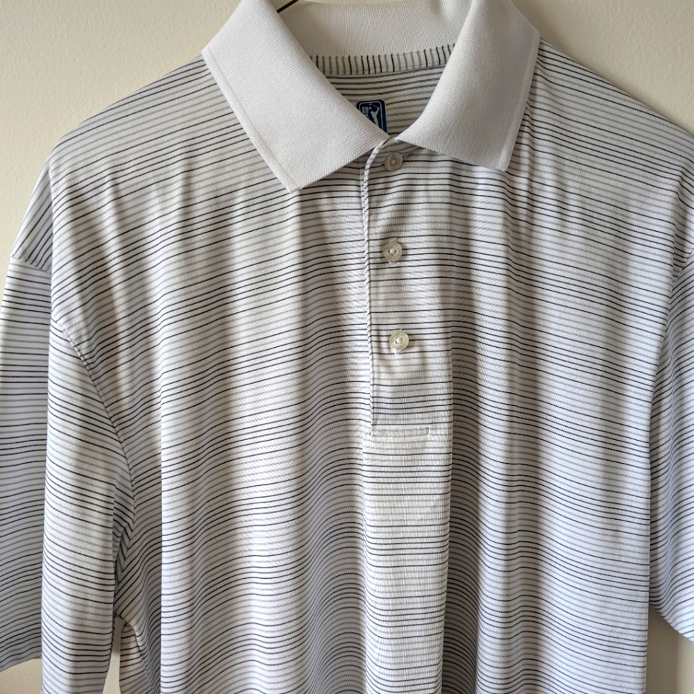 PGA Tour White and Gray Striped Polo Shirt Size Large EUC